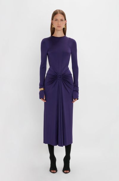 Victoria Beckham Long Sleeve Gathered Midi Dress In Ultraviolet Opulent Dresses Women