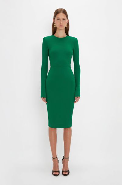 Victoria Beckham Long Sleeve T-Shirt Fitted Dress In Emerald Women Innovative Dresses