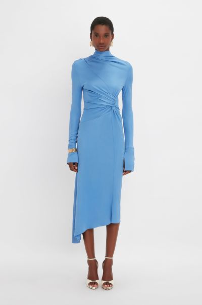 Victoria Beckham High Neck Asymmetric Draped Dress In Oxford Blue Women Flash Sale Dresses