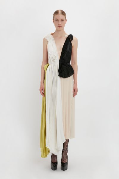 Victoria Beckham Dresses Women Limited Asymmetric Pleated V-Neck Dress In Ivory-Multi