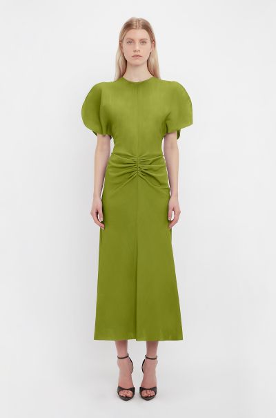 Women Victoria Beckham Gathered Waist Midi Dress In Parrot Green Dresses Compact