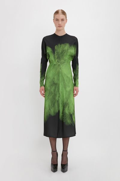 Women Refresh Dolman Midi Dress In Green Digital Feather Print Victoria Beckham Dresses