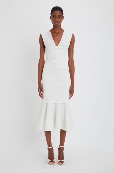 Dresses Cheap Women Victoria Beckham Stretch Knit Sleeveless Flared Dress In White