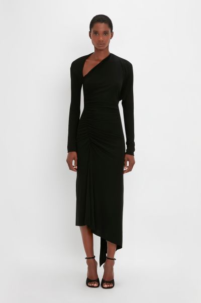 Safe Dresses Women Slash-Neck Ruched Midi Dress In Black Victoria Beckham