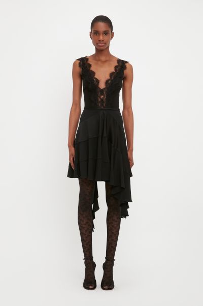 Women Dresses Lace Detail Ruffle Mini Dress In Black Victoria Beckham High-Quality