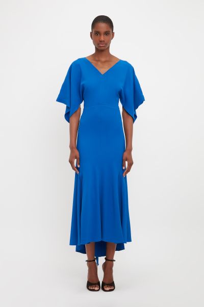 V-Neck Bias Godet Dress In Bright Blue Victoria Beckham Dresses Women Cozy