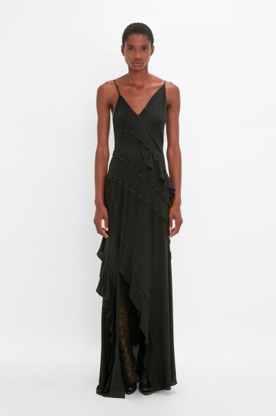 Exclusive Asymmetric Bias Frill Dress In Black Wholesome Victoria Beckham Dresses Women