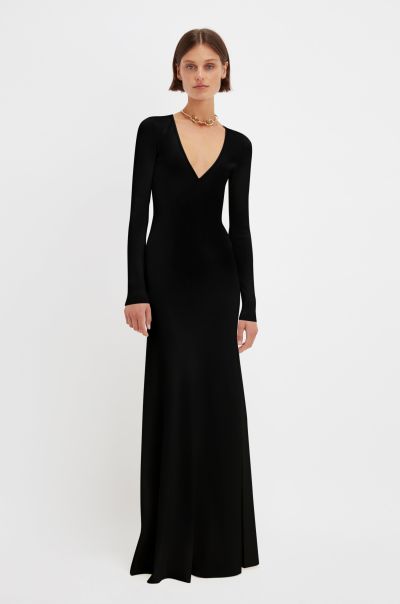 Women Deep V Knitted Gown In Black Victoria Beckham Energy-Efficient Gowns