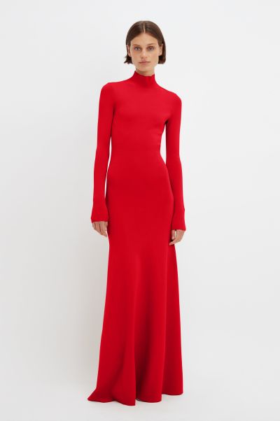 Gowns Women Victoria Beckham Performance Polo Neck Knitted Gown In Red