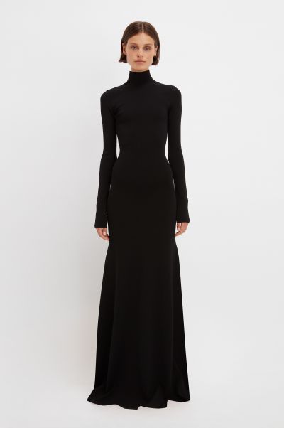 Victoria Beckham Low Cost Polo Neck Knitted Gown In Black Women Gowns