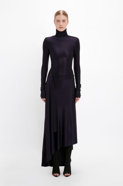 Gowns Victoria Beckham Women Long Sleeve High Neck Jersey Dress In Blackberry Aesthetic