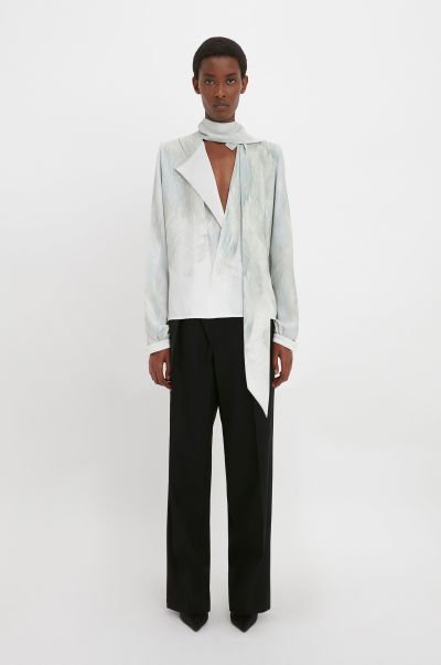 Exclusive Offer Scarf Neck Blouse In White Digital Feather Print Women Shirts & Tops Victoria Beckham