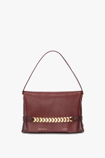 Women Victoria Beckham Tailoring Chain Pouch With Strap In Bordeaux Grained Calf New
