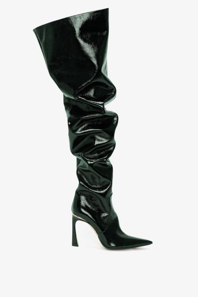 Victoria Beckham Thigh High Pointy Boot In Dark Green Grained Patent Boots Women Perfect