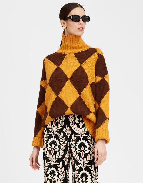 La Double  J Knitwear Argyle Sweater In Yellow / Brown For Women Cost-Effective Women